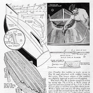 Vintage boat plan page with hull drawings and building notes