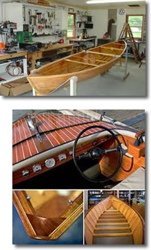 Wooden boats in a shop and a varnished runabout deck