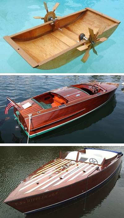 A wooden paddle boat and two varnished runabouts