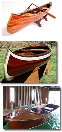 Wooden rowboats and canoes