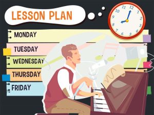 Illustrated lesson plan from Monday to Friday with a pianist at the piano