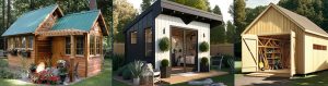 A cabin-style shed with a porch, a modern black office shed and a wood storage shed