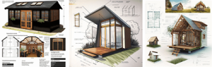 Drawings of three modern sheds: a long cabin, an A-frame studio and a cabin with a porch