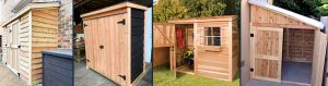 Four lean-to sheds built against walls and fences