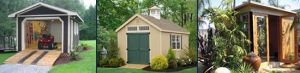 A garage shed with a ramp, a garden shed with a cupola and a studio shed among plants