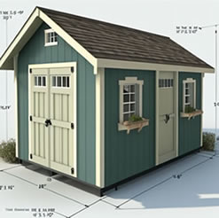 Green storage shed with double doors drawn with dimension lines