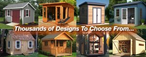 Grid of shed photos with the caption "Thousands of Designs To Choose From"