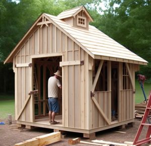 Man building a board-and-batten shed with a cupola