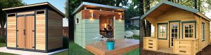 A modern wood shed, a backyard studio with a deck and a log cabin with a porch