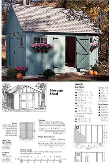 Plan page for a storage shed with a photo, elevations and a materials list