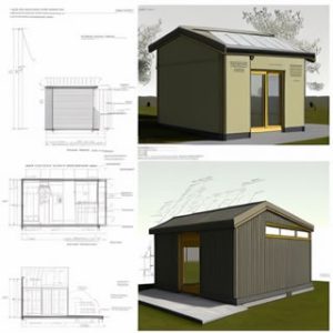 Shed drawing with dimensions next to two 3D views of the finished shed