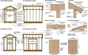 Shed plan sheet with framing elevations and door and window details