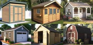 Six classic shed designs, including a garage shed and a red barn