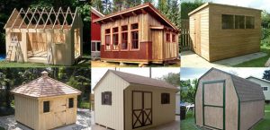 Six shed styles: a framed shed under construction, a red studio shed, a lean-to, a hip-roof shed, a garden shed and a gambrel barn