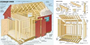 Storage shed plan with a 3D framing view and elevation drawings