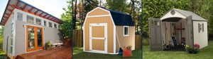 A studio shed with clerestory windows, a gambrel shed and a storage shed