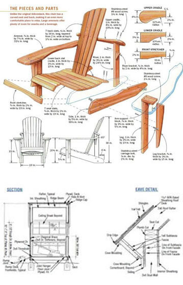 Adirondack chair plan with the pieces and parts drawn out