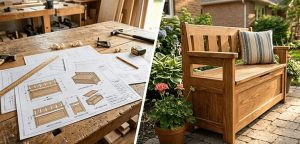 Bench plans on a workbench next to the finished storage bench on a patio