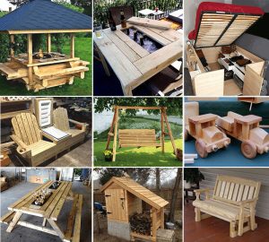 Collage of outdoor projects: a gazebo bar, a cooler table, a storage chest, a double Adirondack chair, a porch swing, a toy truck, a picnic table, a garden shed and a bench