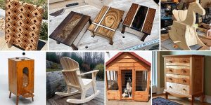 Collage of projects: an end-grain cutting board, small tables, a rocking horse, a pet food dispenser, a rocking chair, a doghouse and a dresser