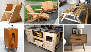 Collage of projects: a modern chair, Adirondack chairs, a cooler table, a pet food dispenser, a table saw workstation and a nightstand