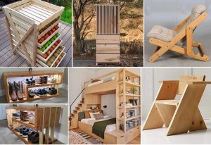Collage of projects: a produce rack, a slatted cabinet, a folding lounge chair, shoe racks, a loft bed with stairs and a modern chair