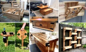 Collage of projects: a storage bench, a lift-top coffee table, a wall shelf, a portable wine table, a trunk coffee table, a workbench and a fence planter