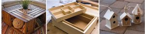 A crate coffee table, a divided serving tray and three birdhouses