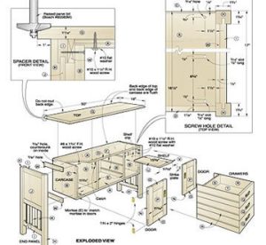 Exploded-view plan drawing of a cabinet with spacer and screw-hole details