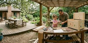 Man and girl building a wooden toy chest at a backyard work table