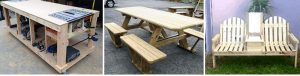 A mobile table saw workbench, a picnic table and a double Adirondack bench