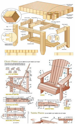 Plan pages for a coffee table and an Adirondack chair with step-by-step drawings