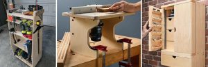 A rolling tool cart, a router table and a wall-mounted tool cabinet