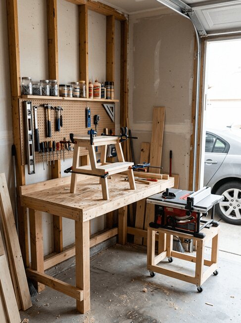 Small garage shop with a workbench, a tool wall and a rolling saw stand