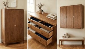 A tall wardrobe, a chest of drawers and a wall cabinet in walnut
