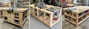 Three mobile workbenches with drawers, shelves and built-in saws
