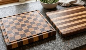 Two end-grain cutting boards, one with a checkerboard pattern