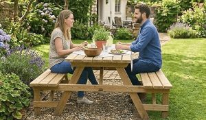 Two people having lunch at a wooden picnic table in a garden