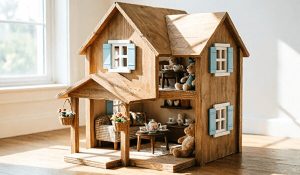 Two-story wooden dollhouse with blue shutters and furniture inside