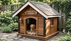 Wooden doghouse with a shingled roof and a dog resting inside