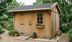Wooden garden shed with double doors and a flower box under the window