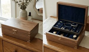 Wooden jewelry box shown closed and open with a lined tray