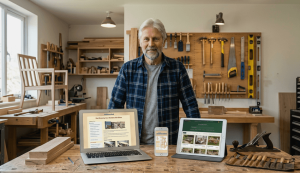 Woodworker in a workshop with the plans open on a laptop, a tablet and a phone