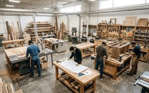 Woodworkers building furniture in a large workshop